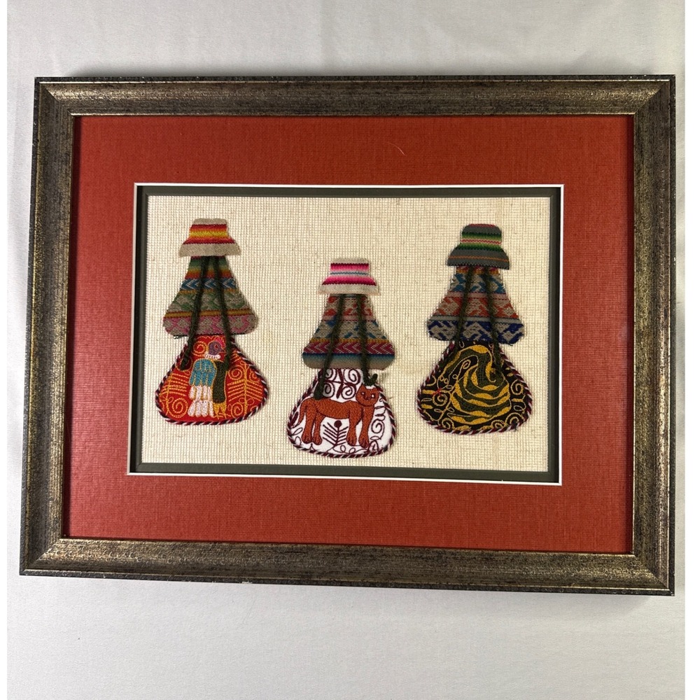 Matilde Mar Mora Chismosas Peruvian Folk Art Textile Framed Gossiping Ladies